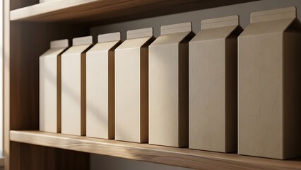 Fototapeta premium Cartons arranged on a wooden shelf in a storage room viewed from the side