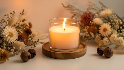 Lit candle on wooden coaster with flowers and nuts, warm ambiance