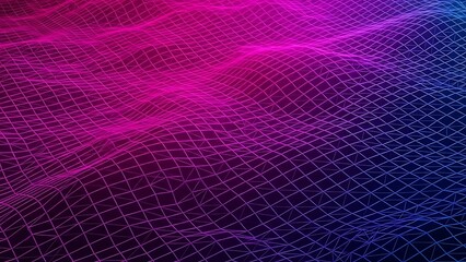 Vibrant pink and blue gradient background with white geometric grid lines, abstract digital network texture