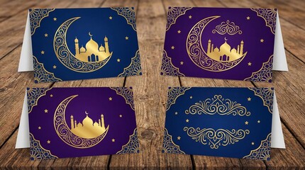 Ramadan Kareem greeting cards set. Ramadan islamic holiday invitations templates collection with gold crescent moon, hand drawn lettering and mosque.