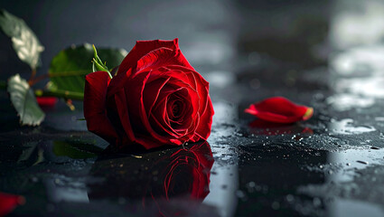 Single Red Rose with Water Droplets and Reflection on Black Surface
