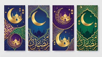 Ramadan Kareem greeting cards set. Ramadan islamic holiday invitations templates collection with gold crescent moon, hand drawn lettering and mosque.