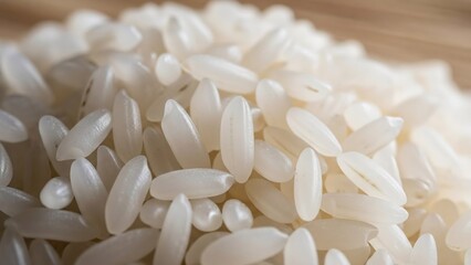 Close-up view of a pile of white rice grains, food photography.