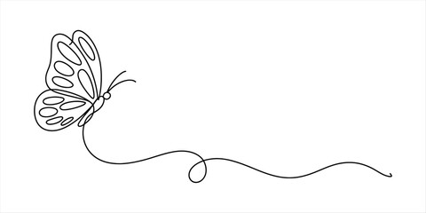 A continuous line art drawing of a flying butterfly with a long, elegant trail Vector, illustration © Digital Illustration
