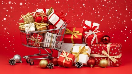 Christmas gifts in shopping cart and pile with ornaments and pine cones on red snowy background
