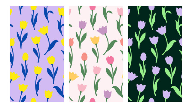 Colorful tulip flower seamless pattern spring collection. Simple fun pattern design for kids clothes, background, cover, fabric, textile, wallpaper.