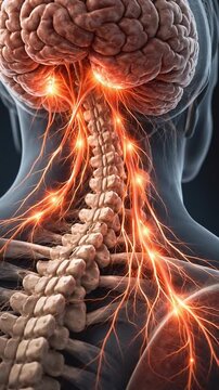 Human brain spine nerve nervous system anatomy medical science illustration neural network healthcare concept glowing nerve pathway biology education 3D render pain neurology spinal cord backbone