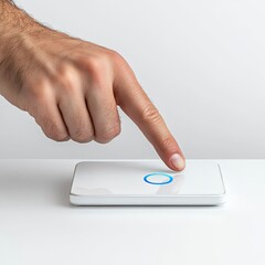 User interaction with touch device modern office technology image minimalist environment close-up view user experience concept