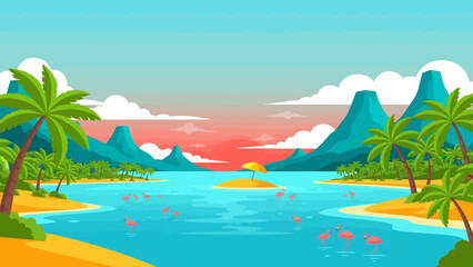 Obraz premium Tropical island with palm trees and flamingos at sunset.