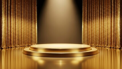 Golden stage with spotlight and shiny curtains, empty and luxurious
