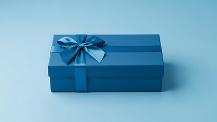 Blue gift box with ribbon bow on top isolated on light blue background
