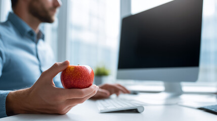 An unrecognizable man is holding a fresh red apple in his hand while working at a modern office desk with a computer; a concept of healthy snacking at work.