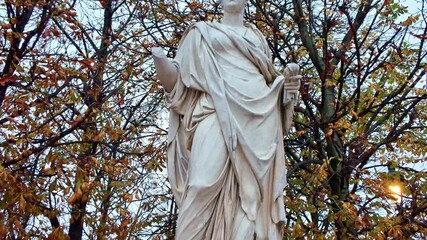 Top‑to‑bottom vertical reveal tilted upwards toward Agrippine statue by Robert Doisy, revealing neoclassical marble drapery against fall foliage in Jardin des Tuileries, 1st arrondissement of Paris