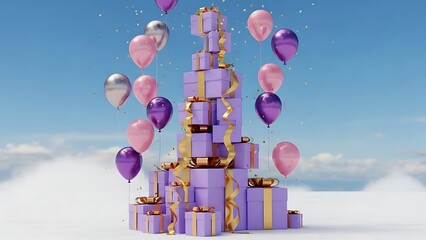 Vibrant purple gift tower with gold ribbons and colorful balloons floating in the air on a bright blue sky background