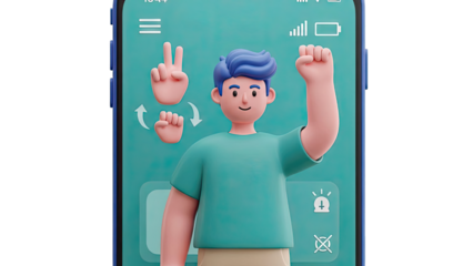 3D Cartoon Boy on Smartphone Displaying Sign Language Gestures