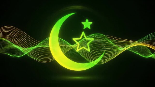 Vibrant green and yellow crescent moon and star design with dynamic wave patterns