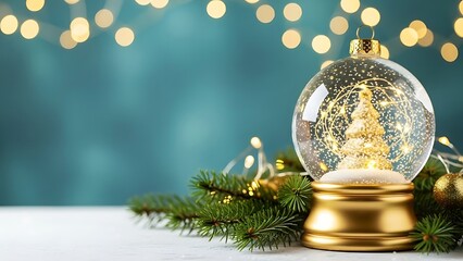 Christmas snow globe with gold tree and decorations on white table