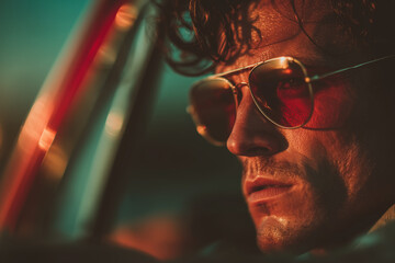 Mysterious man in sunglasses sitting in a car at night