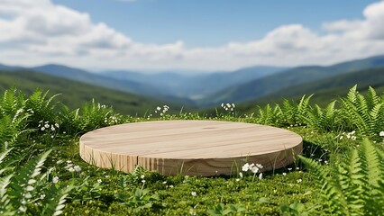 Wooden platform on grassy hillside with ferns and flowers, mountain landscape background