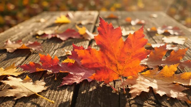 Autumn Leaves on Wooden Surface - A vibrant red maple leaf takes center stage, resting on a weathered wooden surface scattered with an assortment of autumn leaves in varying shades of yellow, orange