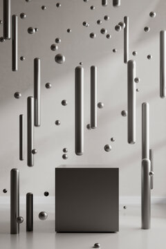 Black cube with floating bars and spheres in white room