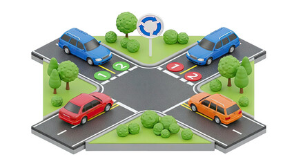 3D Isometric Traffic Intersection with Cars and Signs