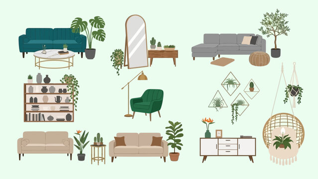 Assorted home decor elements including furniture and plants.