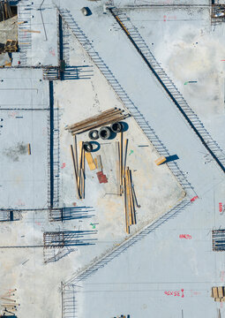 Construction Site Foundation Aerial View with Rebar