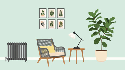 Cozy living room with chair, lamp, and plants in a serene environment.