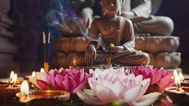 Buddha Jayanti background with lotus flowers and oil lamps for Buddhist festival design