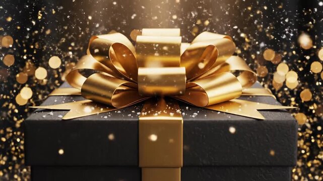 Elegant Black Gift Box with Golden Ribbon - This video showcases a black textured gift box adorned with a luxurious golden ribbon and bow.