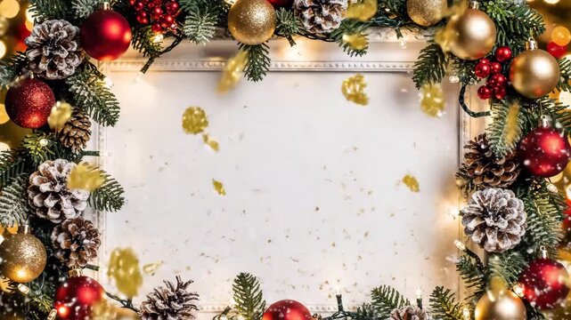 Festive Christmas Frame - This video shows a decorative frame adorned with pine branches, pine cones, red berries, and golden and red ornaments, creating a festive Christmas theme.
