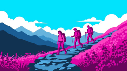 Three hikers walking on a mountain trail with backpacks and trekking poles.