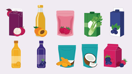 Assorted Juice Pouches and Bottles with Fresh Fruits.