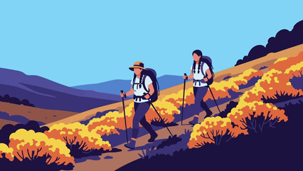 Two hikers with backpacks trekking through a vibrant landscape with yellow foliage.