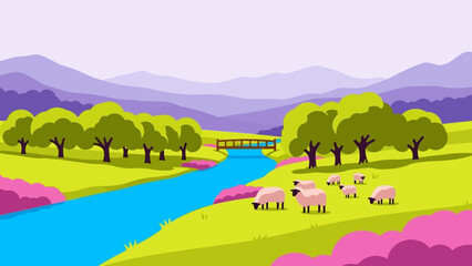 Serene landscape with river and grazing sheep in a valley.