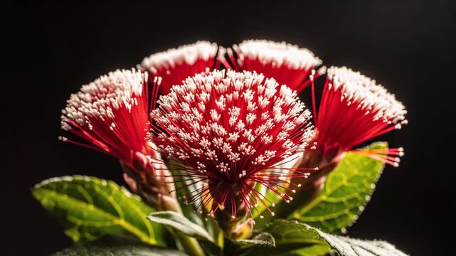 Metrosideros Excelsa in Bloom - This video showcases a cluster of red Metrosideros Excelsa flowers, commonly known as Pohutukawa, set against a dark background.