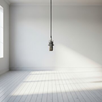vintage microphone hanging in a room with white wooden floors and white walls. The lighting is very natural and even. The room is empty and feels like a sanctuary for sound. No clutter, only the micro