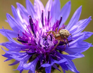 A close-up view of a vibrant blue flower with a small spider perched on its petals. The focus is sharp