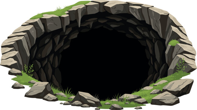 Vector illustration of a dark rocky cave opening with textured stone walls and green grass isolated on white background.