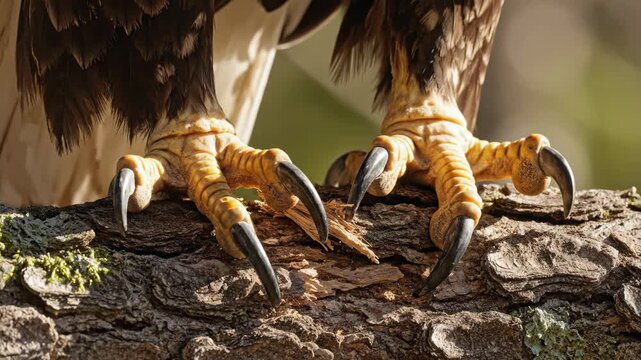 Eagle Talons Close-Up - A close-up shot reveals the powerful talons of an eagle gripping a weathered tree branch. The detail highlights the texture of the claws and the rugged bark.