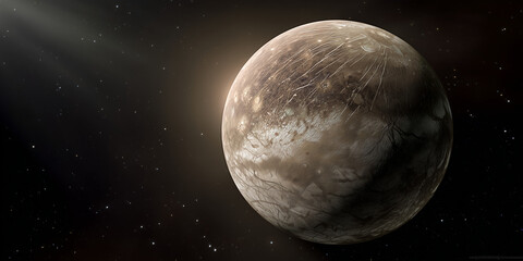 Ganymede Moon in Space with Grooved Icy Surface