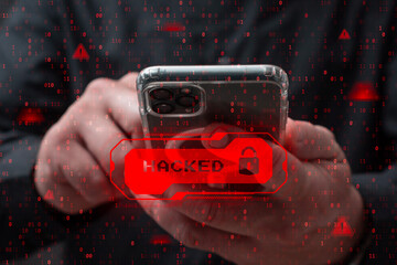Person holding a smartphone with a red hacked warning and digital lock overlay. Cybersecurity threat, data breach, mobile hacking, privacy risk and online security concept.