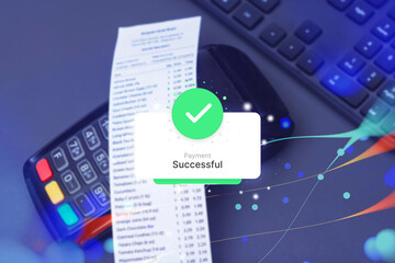 Successful payment confirmation message on digital screen with POS terminal, receipt, and keyboard in the background. Concept of secure cashless payment, online transaction, and digital finance.