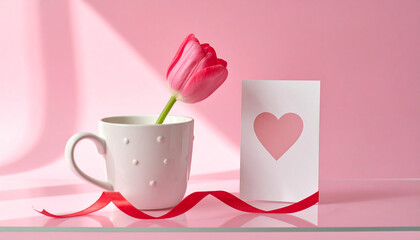 Valentines Day Pink Tulip In White Dotted Mug With Heart Card And Red Ribbon On Soft Pink Studio Background.