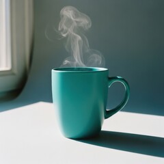 Steaming turquoise mug with handle, window light, on white surface. Simple and serene