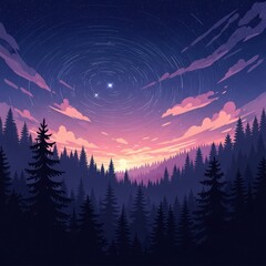 Stylized illustration of a star-filled sky over a dense forest at sunset