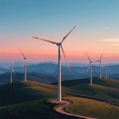 Stylized illustration of wind turbines on a grassy hilltop at sunset, with mountains in background