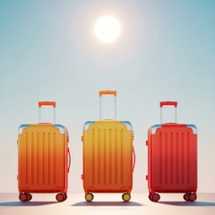 Three colorful suitcases stand in sunlight. Sky overhead, luggage ready for adventure