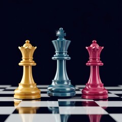 Three chess pieces, king and two queens, arranged on a checkered board